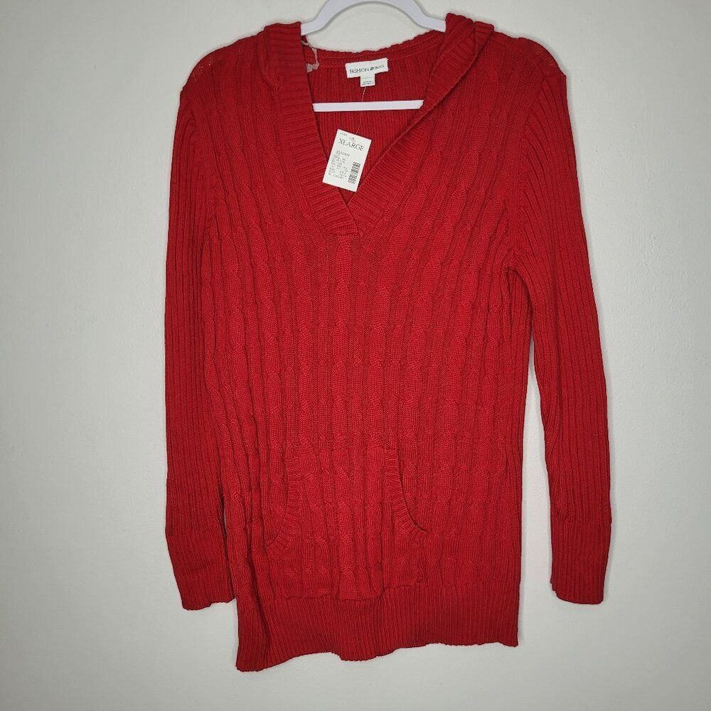 Vintage y2k Fashion Bug red cable knit hooded preppy holiday sweater size XL NWT
